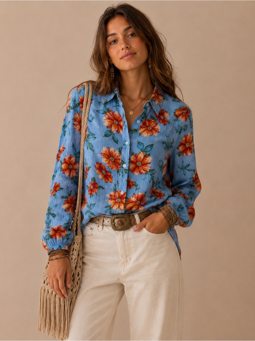 A Love Story Floral Cotton Gauze Button Up Blouse Blue Medium Boho